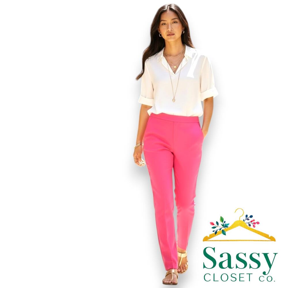 ✨ ANN TAYLOR Bright Pink Pants S EUC Flat Front Smocked Pull On Crease 💗